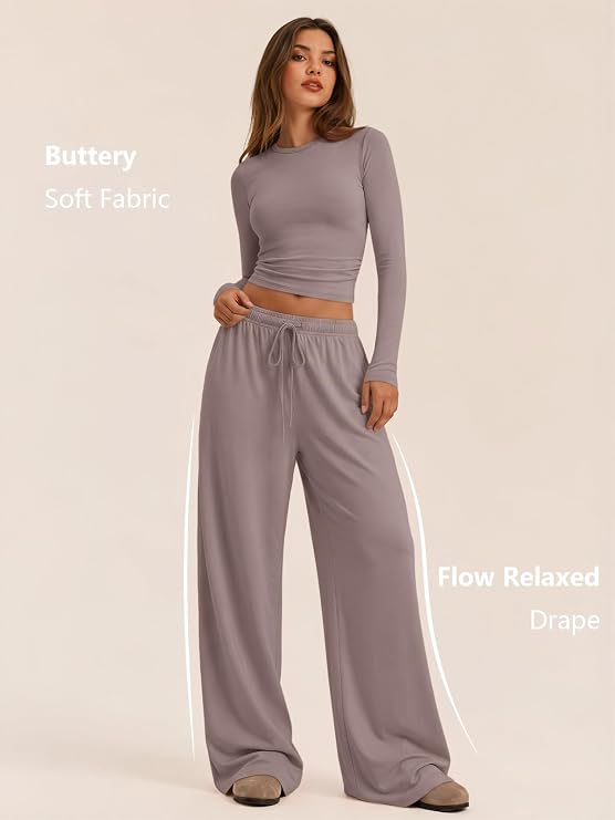 Airport Outfit, Athleisure Workout Set, Fall Wardrobe Staple, Winter Style, Side-Ruched Top, Drawstring Wide-Leg Pants, lounge set for women